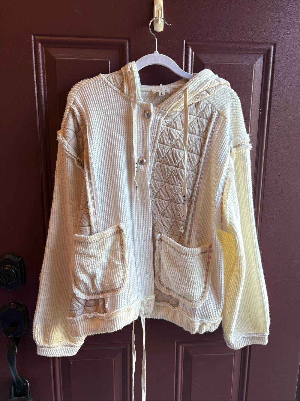 POL Leighton Patchwork Button Up Jacket Cream Beige Waffle Knit Sz Small